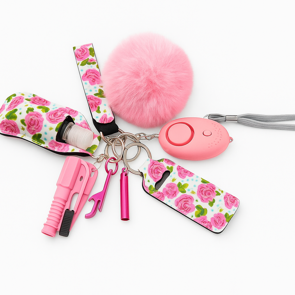Pink Floral Rose Safety Keychain