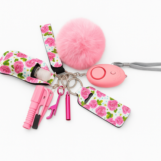Pink Floral Rose Safety Keychain